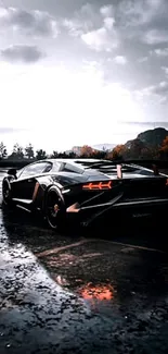 Black sports car on a rainy road, elegant mobile wallpaper.