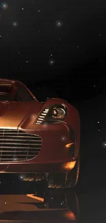 Front view of a sleek metallic sports car on a dark background.