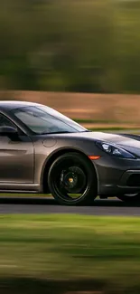 Sleek sports car speeding on a scenic track.