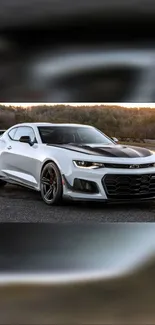 Sleek sports car in white and black hues on a scenic road.