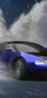 Sleek blue and black sports car in motion.