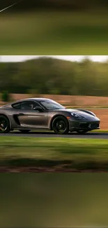 Sleek gray sports car on track with green background.