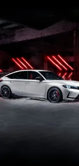 Sleek white sports car with neon backdrop.