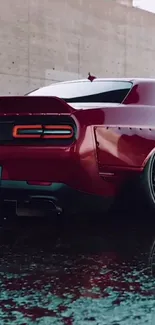 Glossy red sports car with urban backdrop.