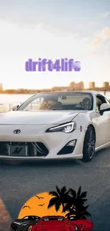 White sports car drifting on urban road at sunset, vibrant cityscape background.