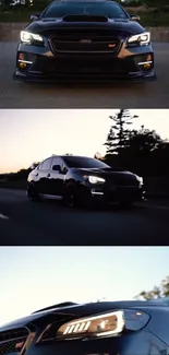 Sleek black sports car on road at sunset.