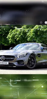 Sleek silver Mercedes sports car with a green nature background.