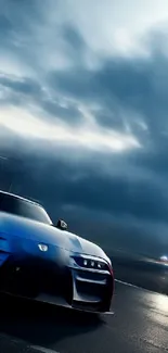 Dynamic sports car on a racetrack under a cloudy sky.