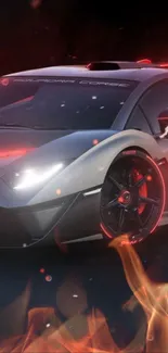 Futuristic sports car with fiery accents.