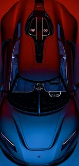 Overhead view of a sleek sports car in blue and red lighting.