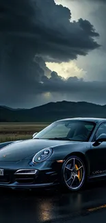 A sleek sports car on a wet road under dramatic storm clouds.