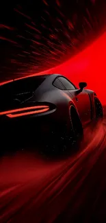 Sleek black sports car on vibrant red background.