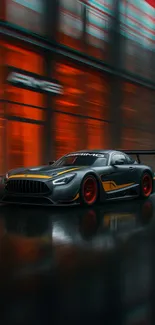 Sleek sports car speeding through urban backdrop.