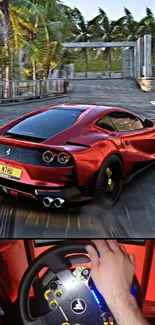 Red sports car with tropical background