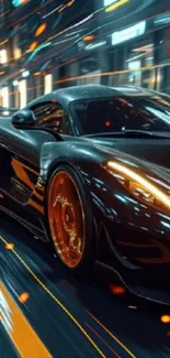 Futuristic black sports car speeding through a city at night.