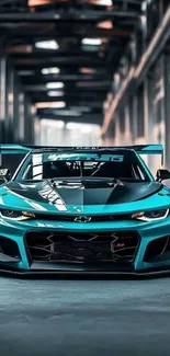 A sleek sports car in an industrial setting.