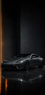 Sleek car in dark setting with golden light.