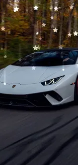 Sleek white Lamborghini with star accents on a vibrant road.