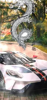 White sports car with dragon design parked under trees.