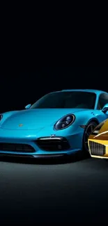 Sleek blue Porsche and yellow Lamborghini against black background.