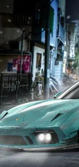 Teal sportscar in vibrant urban cityscape wallpaper.