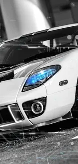 Sleek white sportscar with blue headlight accents and black stripe on digital wallpaper.