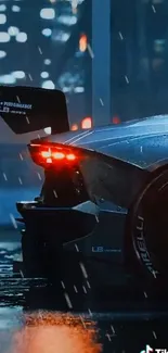 Sleek sportscar under rain with city lights at night.