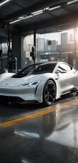 Sleek white sports car in a modern garage.