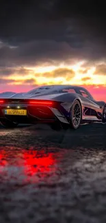 Sleek supercar reflecting vivid sunset hues on open road.