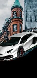 Sleek white supercar in vibrant city skyline.