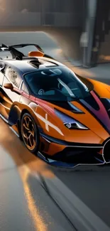 Orange supercar with sleek design reflecting light.