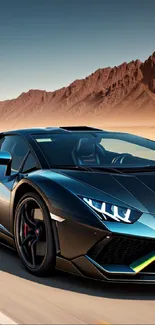 Sleek supercar cruising on a desert road with mountains in the background.