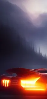 A supercar with bright taillights in foggy mountains and blue sky.