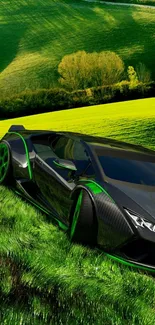 Sleek supercar in vibrant green fields