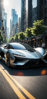 Futuristic sports car speeding through a city street with skyscrapers.