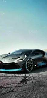 Sleek supercar on open road with blue sky backdrop.