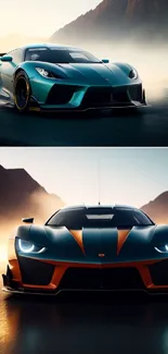 Sleek supercar drives through misty mountain roads at sunrise.