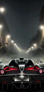 Sleek supercar driving down foggy illuminated street at night.