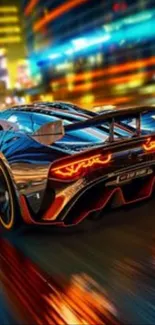 Supercar speeding through vibrant night cityscape.