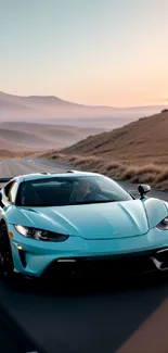 Mint green supercar on a deserted road at sunset.