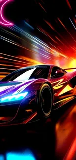 Sleek supercar racing with neon lights in a vibrant cityscape.