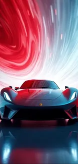 Sleek supercar with red and blue abstract vortex background.