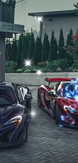 Luxury supercars parked in modern setting with lush greenery.