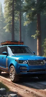 Blue SUV driving on a forest path with tall trees and sunlight.