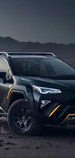 Sleek SUV driving through a desert landscape in dim light.