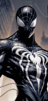 Black symbiote hero with urban backdrop.