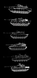 Minimalist tank blueprint art on black background.