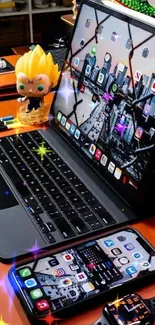 Modern desk setup with smartphone, tablet, and smartwatch in a sleek arrangement.