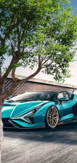 Turquoise sports car parked under a tree on a sunny day, vibrant and stylish.