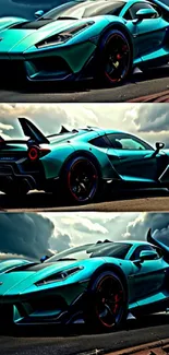 Turquoise supercar with dramatic sky backdrop